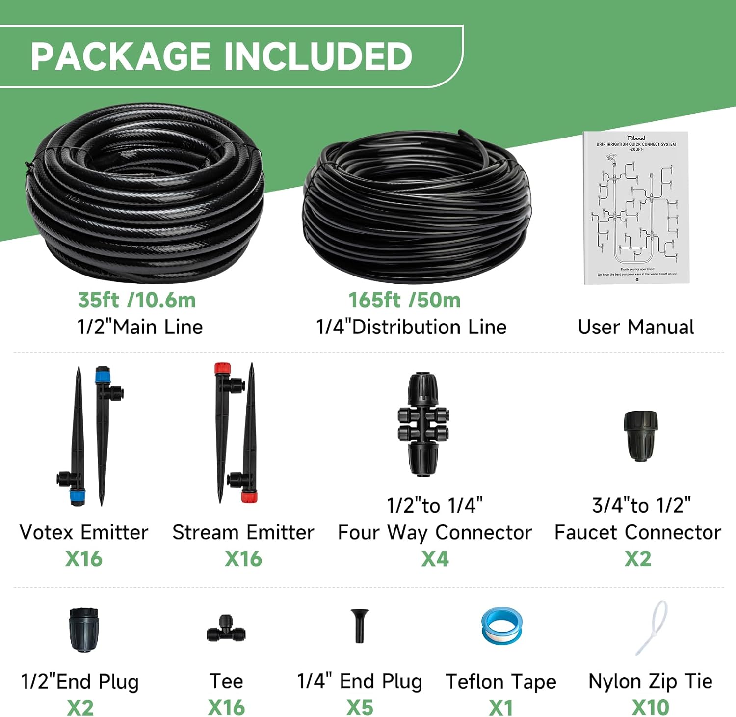 Riboud Quick-Connect 200FT Drip Irrigation System Kit, Automatic Garden Plant Watering System for Greenhouse, Yard