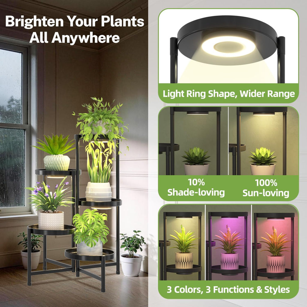 iDavosic.ly 5 Tier Large Plant Stand with Grow Light, 10 Inch Tray, Black | Tiered Metal Corner Heavy Duty Multiple