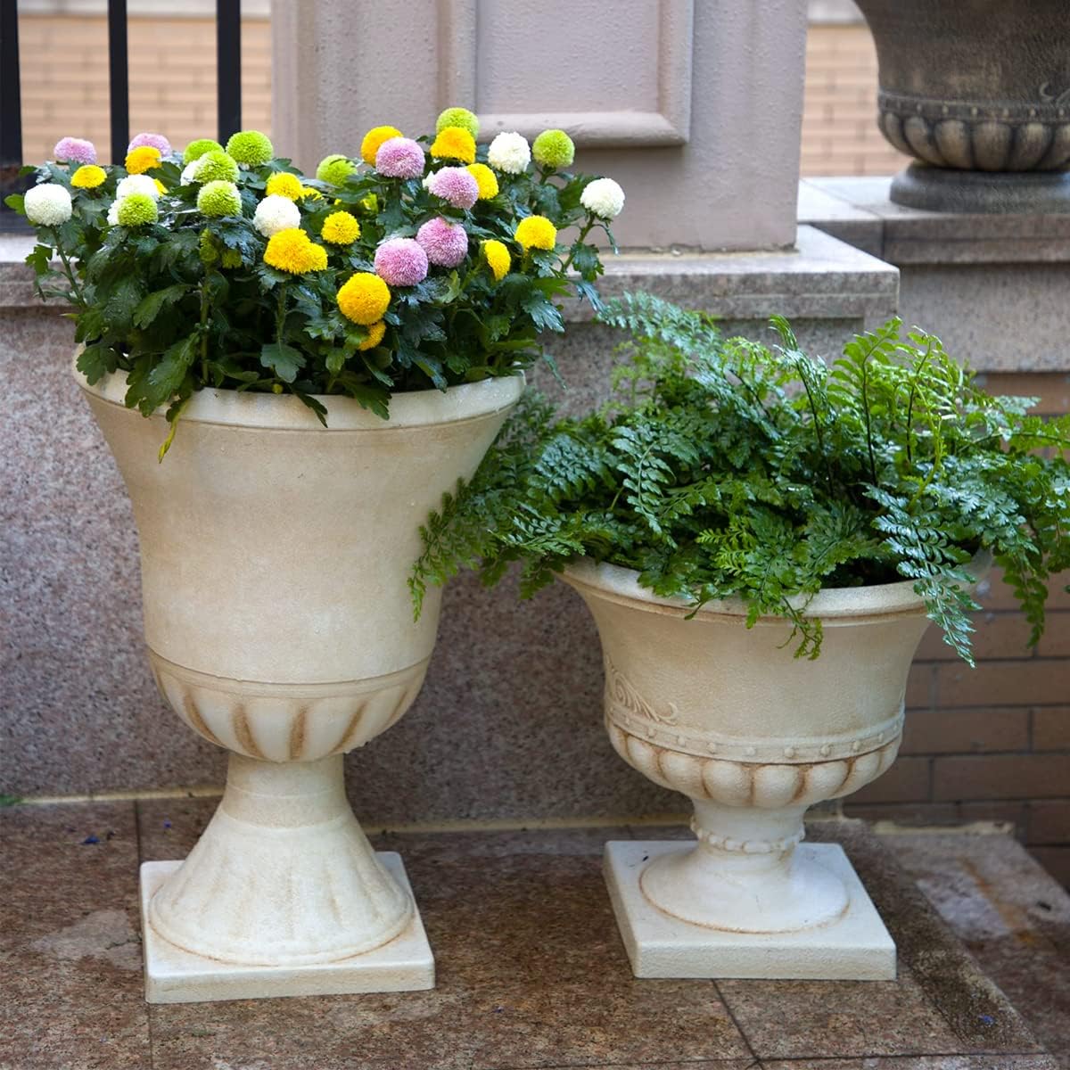 Worth Garden Plastic Urn Planters for Outdoor Plants, Tree 22'' Tall 2 Pack Round Classic Resin Flower Pots Indoor