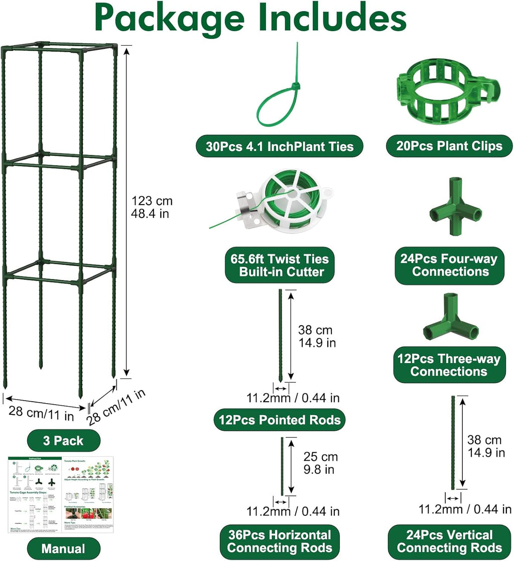 ROADPLUM 3 Pack 48" Tomato Cages for Garden, Plastic Coated Steel Pipe Heavy Duty Adjustable Tomato Stakes Trellis