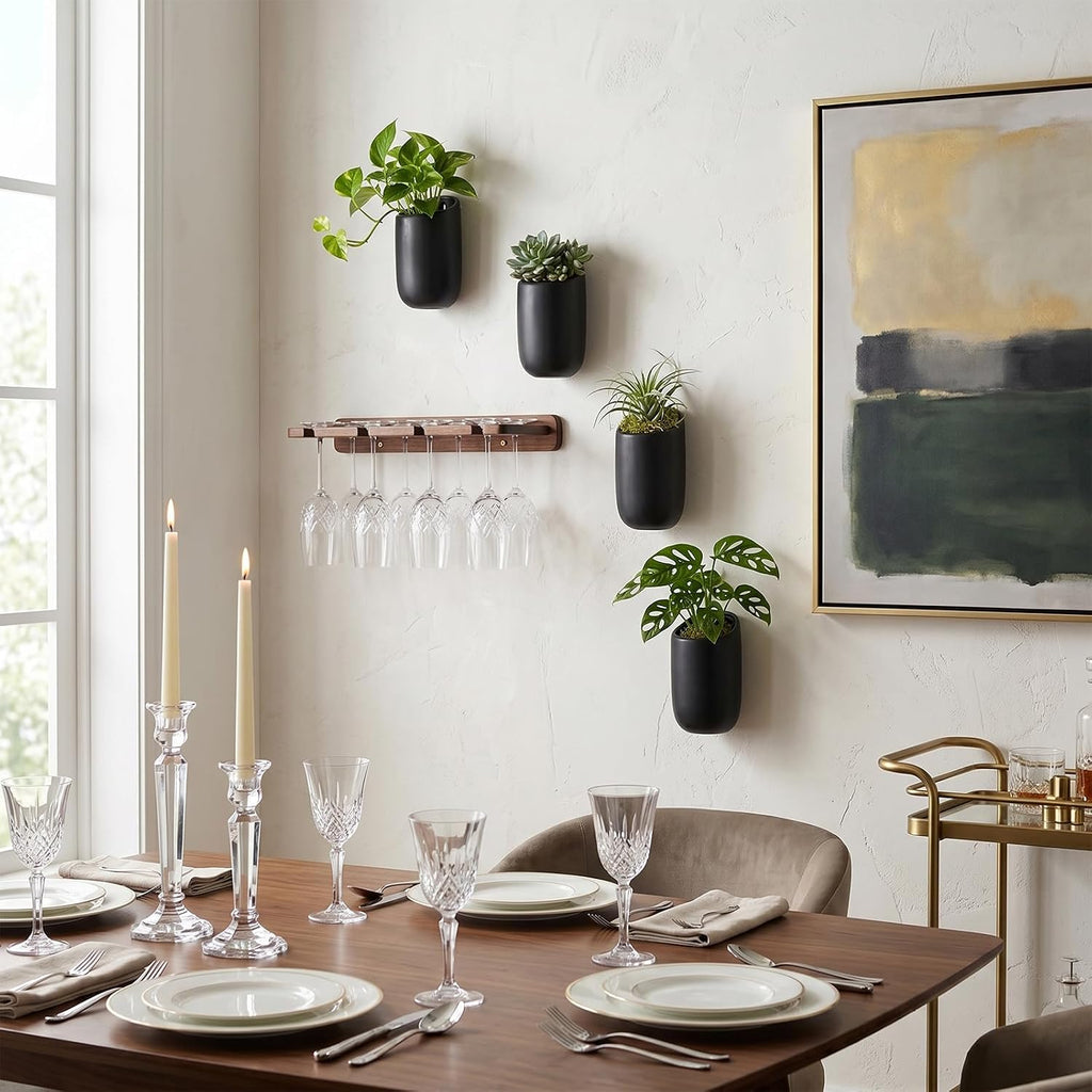 MyGift 6 Inch Black Ceramic Wall Planters for Succulents, Set of 4 | Matte Cylindrical Wall-Mounted Hanging Pots for