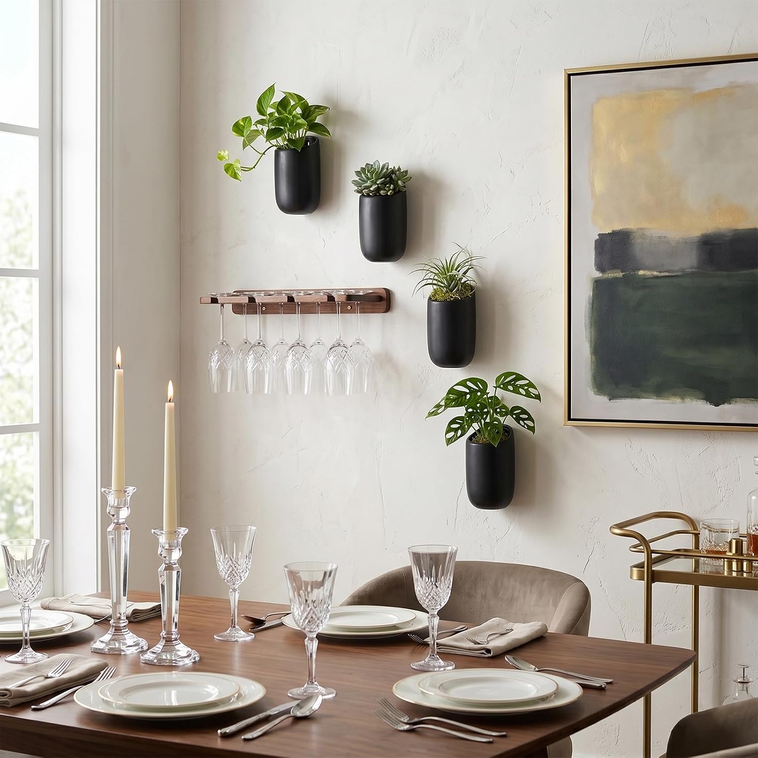 MyGift 6 Inch Black Ceramic Wall Planters for Succulents, Set of 4 | Matte Cylindrical Wall-Mounted Hanging Pots for