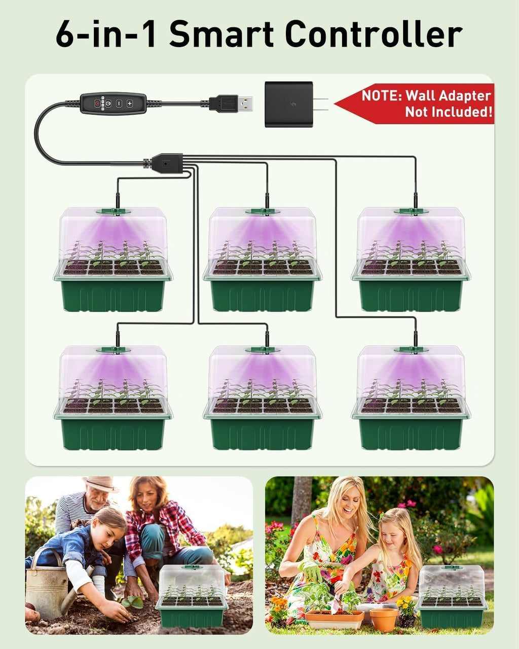 Pawfly 6 Pack Seed Starter Kit, 72 Cells, Seed Starter Trays | Adjustable Grow Lights & 3.9" Humidity Domes, Seedling