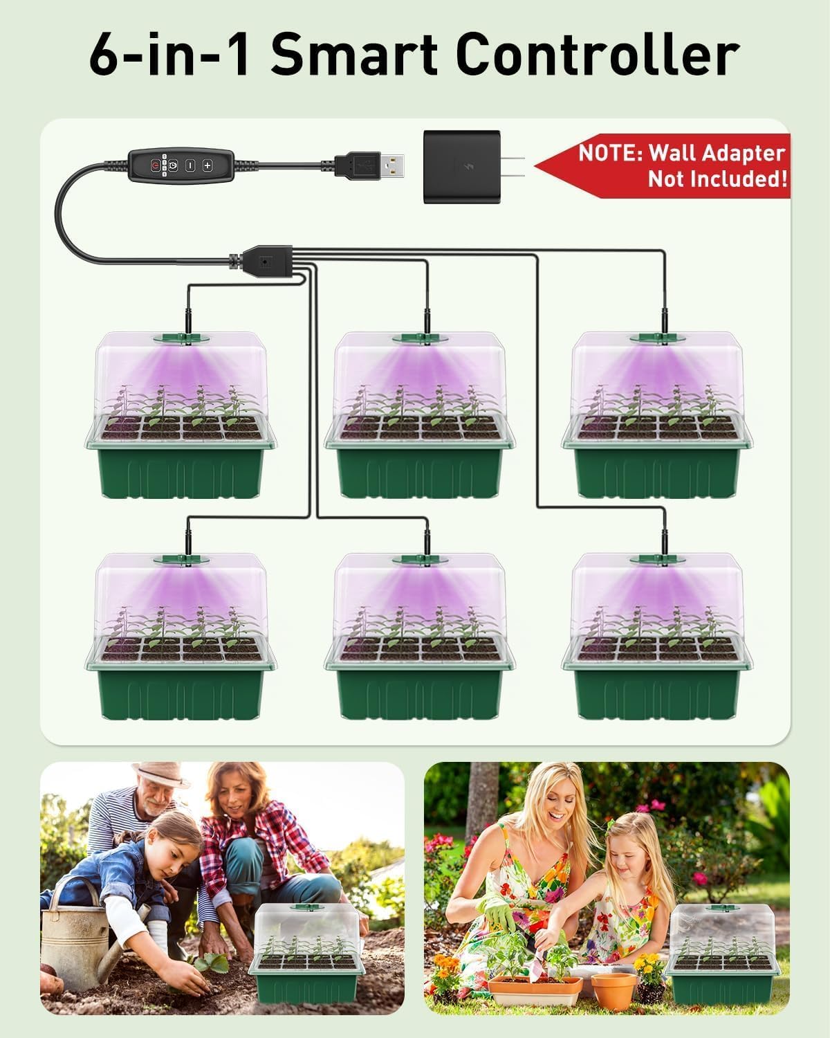 Pawfly 6 Pack Seed Starter Kit, 72 Cells, Seed Starter Trays | Adjustable Grow Lights & 3.9" Humidity Domes, Seedling