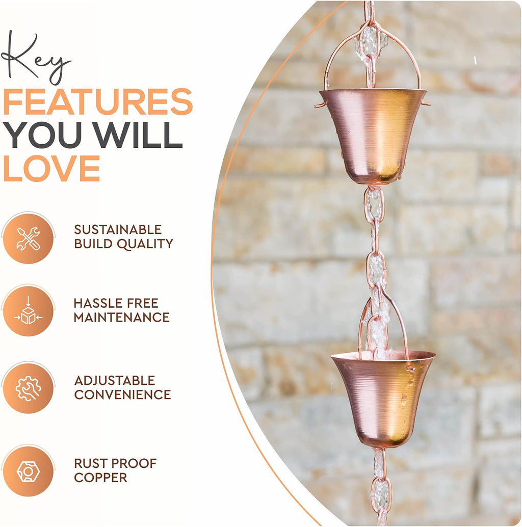 Copper Rain Chain – Decorative Chimes & Cups Replace Gutter Downspout & Divert Water Away from Home for Stunning