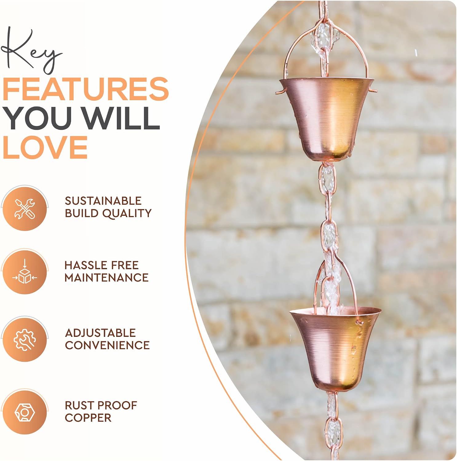 Copper Rain Chain – Decorative Chimes & Cups Replace Gutter Downspout & Divert Water Away from Home for Stunning