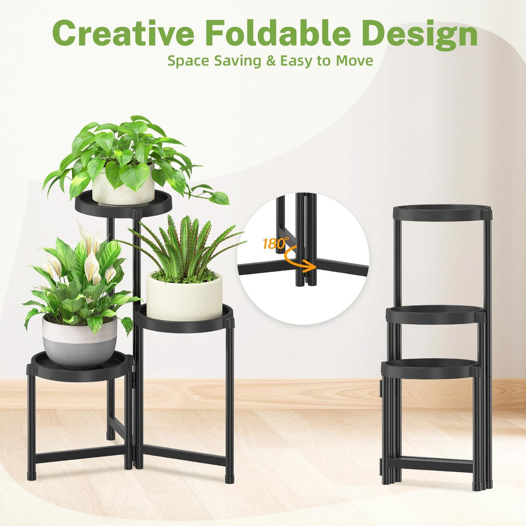 iDavosic.ly 3 Tier Folding Plant Stand Indoor Outdoor, Plastic Tray, Black | Space Saving Tiered Corner Storage Display