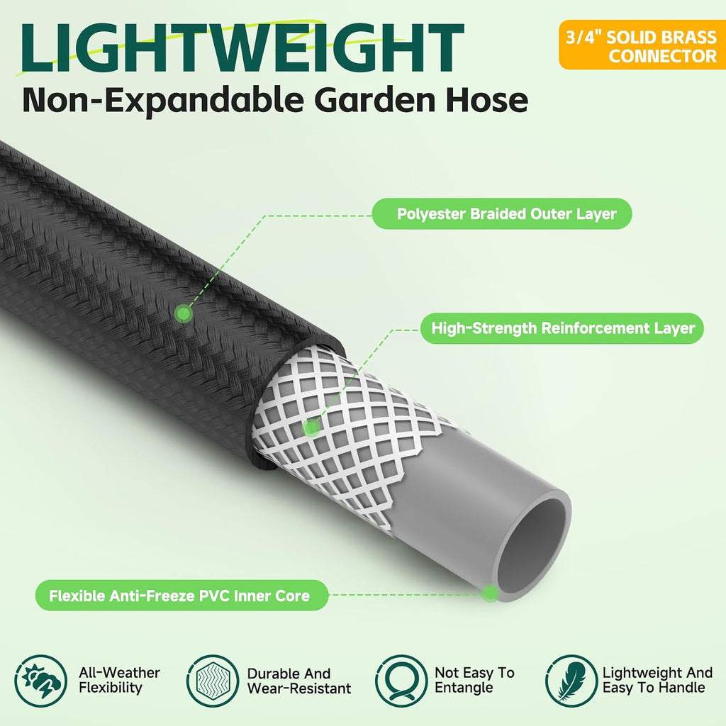 100ft Garden Hose – Lightweight & Flexible Water Hose, Leak-Proof Fabric & Non-Expandable with Shut-Off Valve for Yard