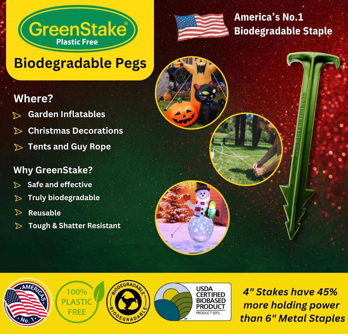 100 ct. Contractor Grade 4-Inch Biodegradable Stakes - Eco-Friendly Sod Staples for Weed Fabric, Landscape Staples &
