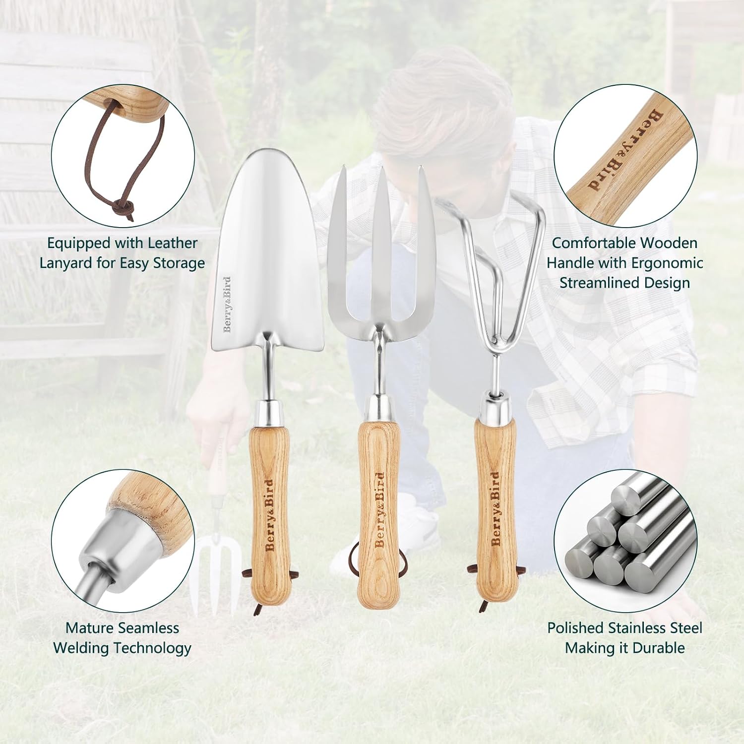 Berry&Bird Garden Tool Set 3 Pieces Stainless Steel Heavy Duty Garden Sets | Gardening Kit Include Hand Trowel Hand