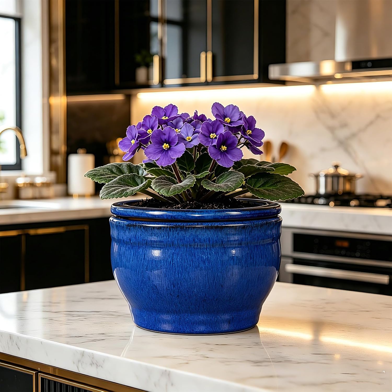 Self Watering Pot for African Violets Indoor Outdoor Plants, 6 inch, Blue | Bottom Watering, Ceramic