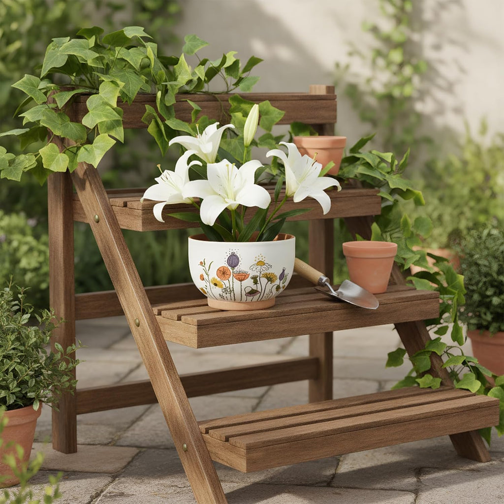 Terracotta Pots, 8+6 Inch Plant Pots, 2 Pcs with Drainage Holes | White & terracotta ceramic planters with botanical