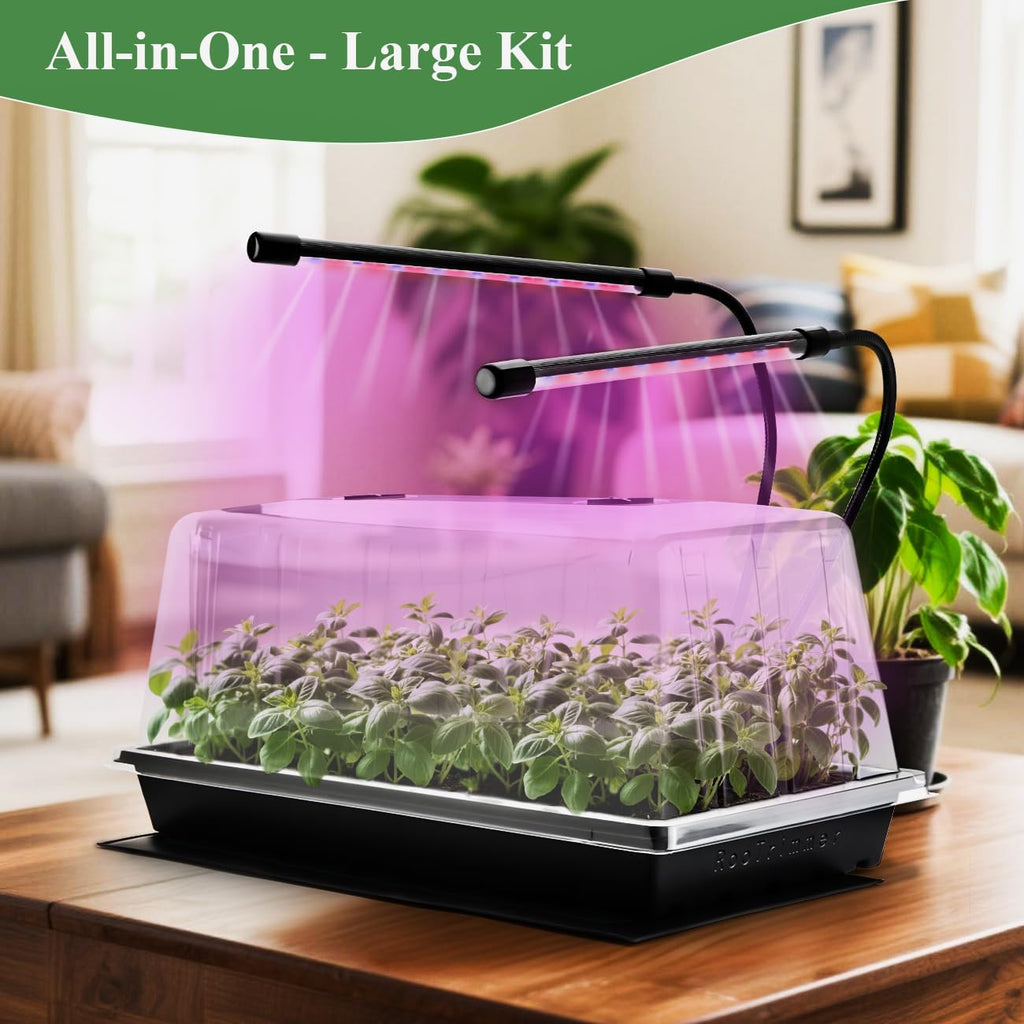2-Pack 1020 Seed Starter Trays with Heat Mat and Clip-On Grow Light | 7.3" High Dome, Adjustable Gooseneck Light, for