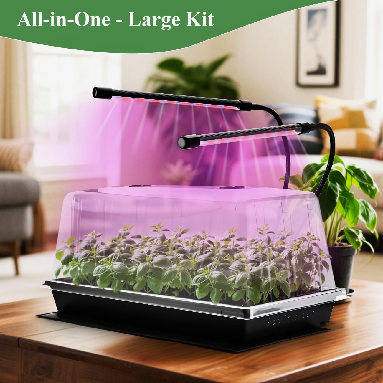 2-Pack 1020 Seed Starter Trays with Heat Mat and Clip-On Grow Light | 7.3" High Dome, Adjustable Gooseneck Light, for