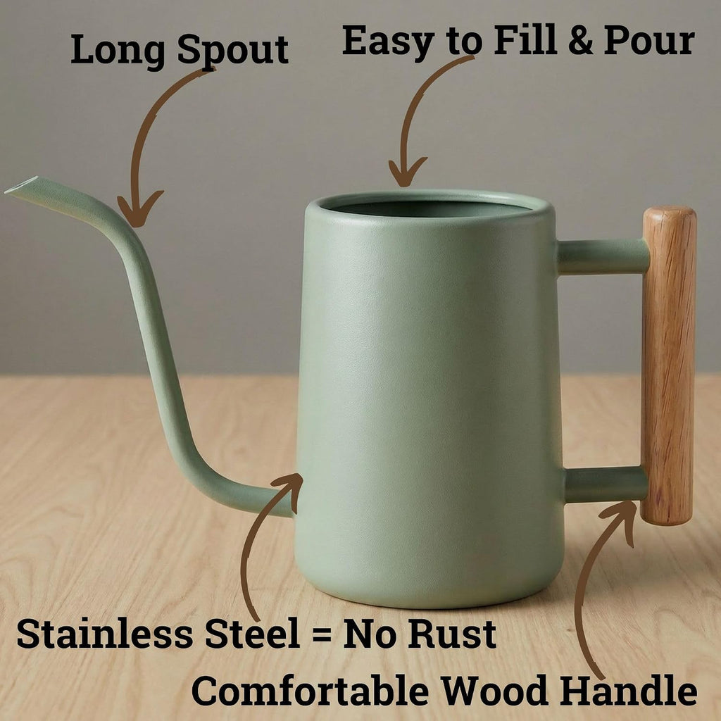 Metal Small Indoor Watering Can with Long Spout & Real Wood Handle, 35oz | Long Spout, Stainless Steel, Real Wood