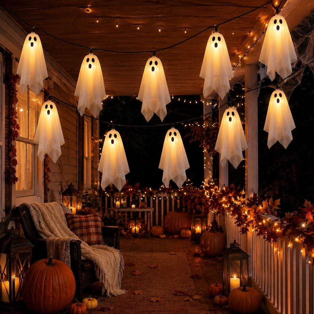 Halloween Ghost String Lights Outdoor, White Fabric Hanging Ghost Lights