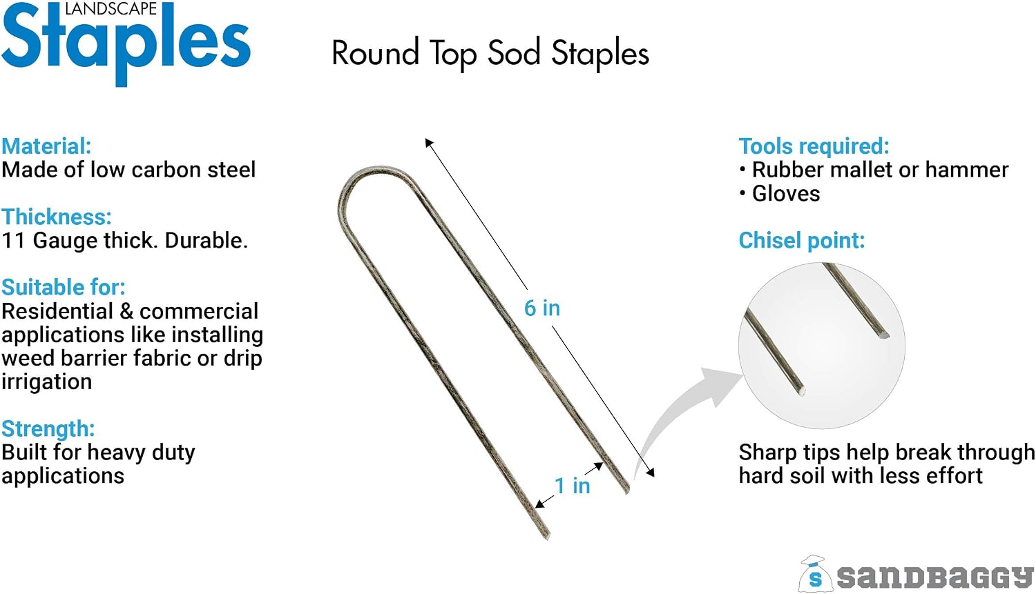 Sandbaggy Galvanized 6 Inch Landscape Staples | Industrial Grade Garden Stakes | Designed for Drip Irrigation Tubing &