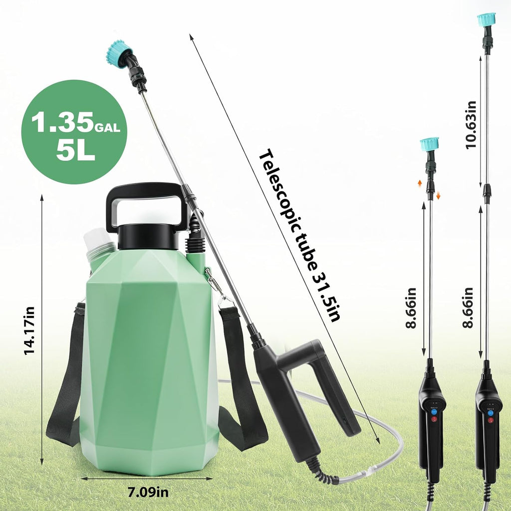1.35 Gallon Battery Powered Sprayer, Electric Garden Sprayer with 3 Adjustable Pressures, Battery Indicator, Telescopic