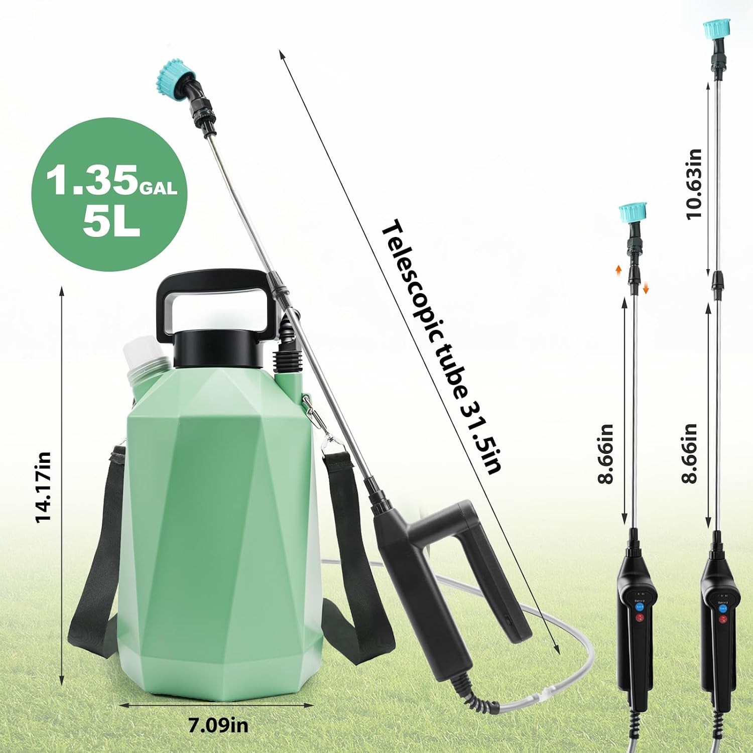 1.35 Gallon Battery Powered Sprayer, Electric Garden Sprayer with 3 Adjustable Pressures, Battery Indicator, Telescopic