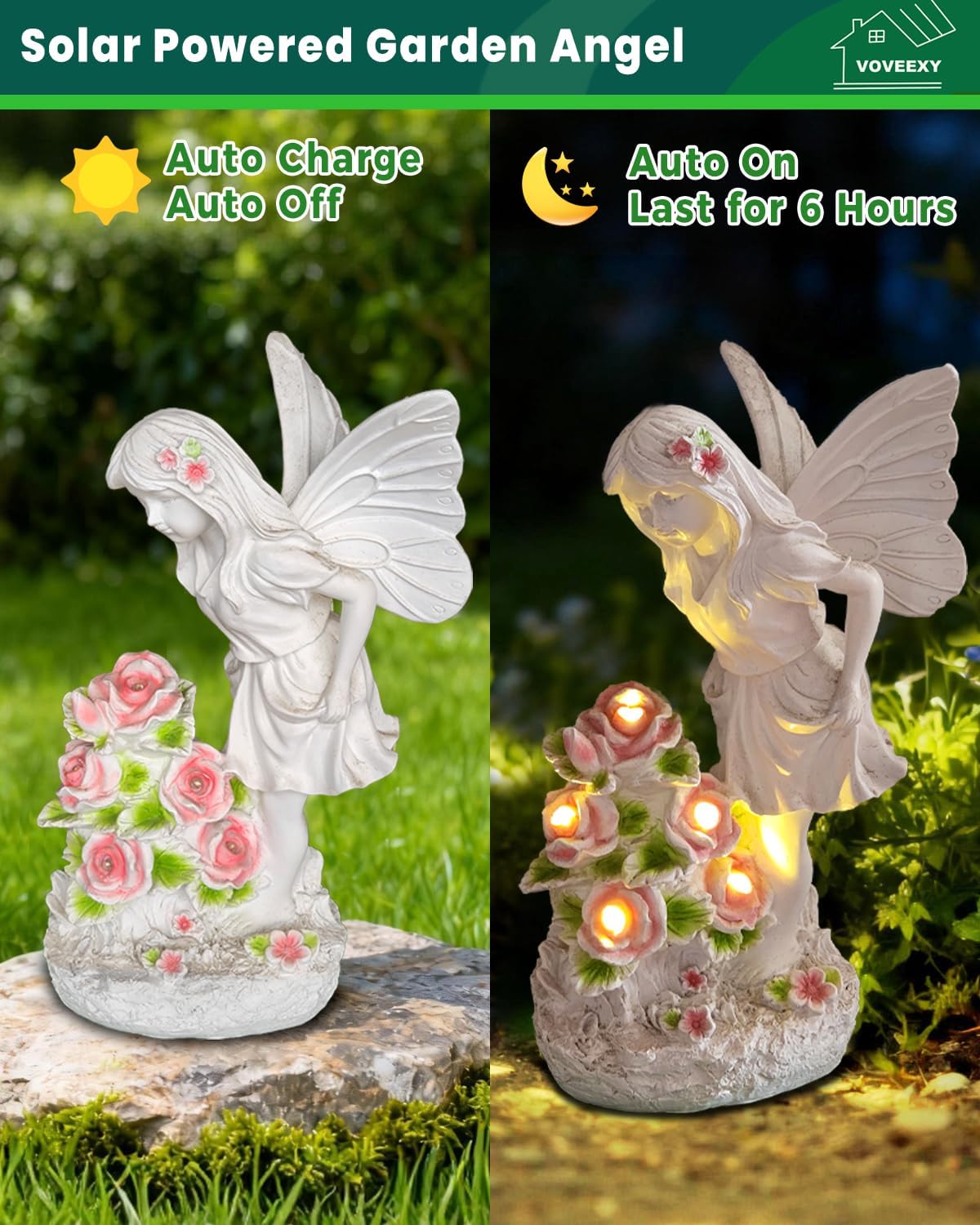 Voveexy Garden Figurines Angel Garden Statue Outdoor Decor, Solar Powered Resin Sculpture with 5 LEDs Art Decoration