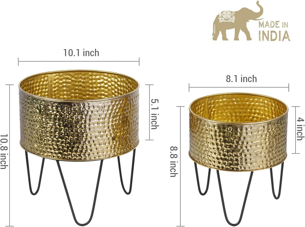 MyGift Modern Brass Metal Plant Containers with Matte Black Stands, 2 Pc | Handcrafted in India, textured planters with