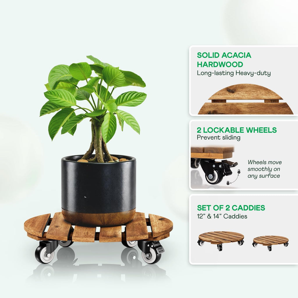 Combo 12 Inch and 14 Inch Acacia Wood Rolling Round Planter Caddies for Plant Pots, Heavy Duty Plant Stand with 360°