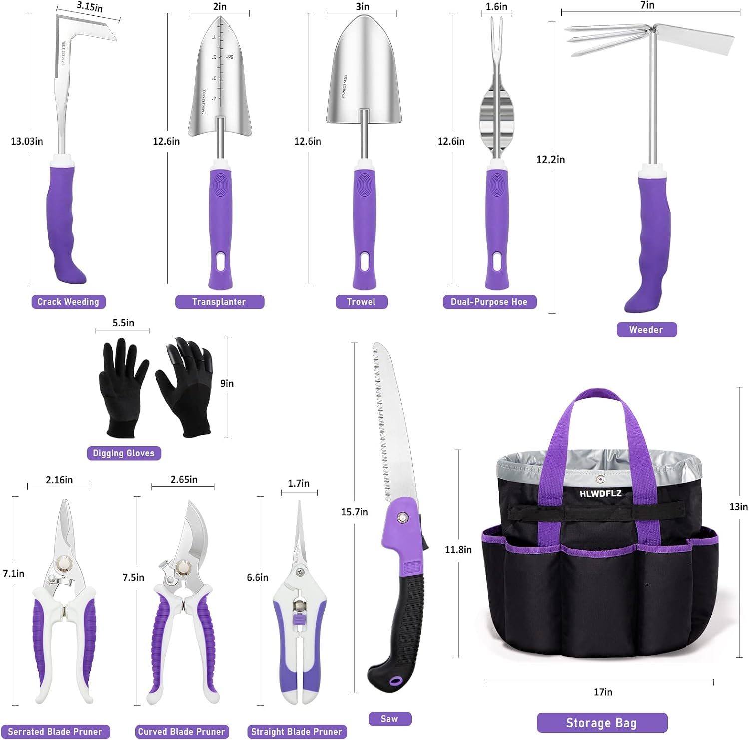 Purple Garden Tool Set Gardening Items for Women - 11PCS Heavy Duty Garden Tools with Detachable Storage Bag, Weeder