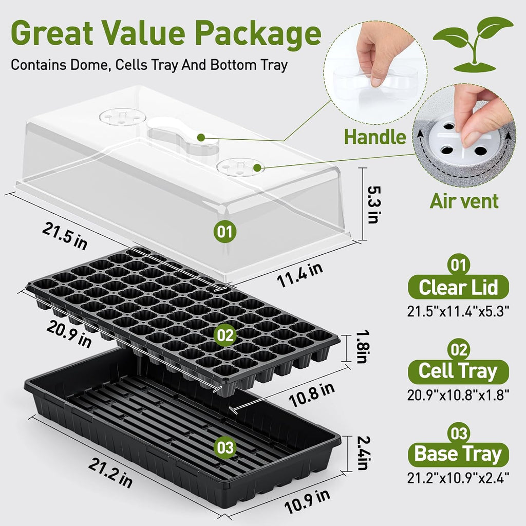 ZJP 5-Pack Seed Starter Trays Set – Includes 1020 Trays (No Holes) + 72-Cell Deep Plug Trays (2.44" Deep) + 5" Clear