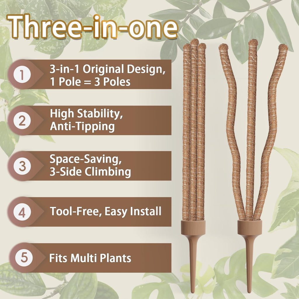 3 Moss Poles in 1, 30IN Tall Bendable Monstera Plant Support-2 Pack | 3 Integrated Coir Pole for Indoor Plants, Moss