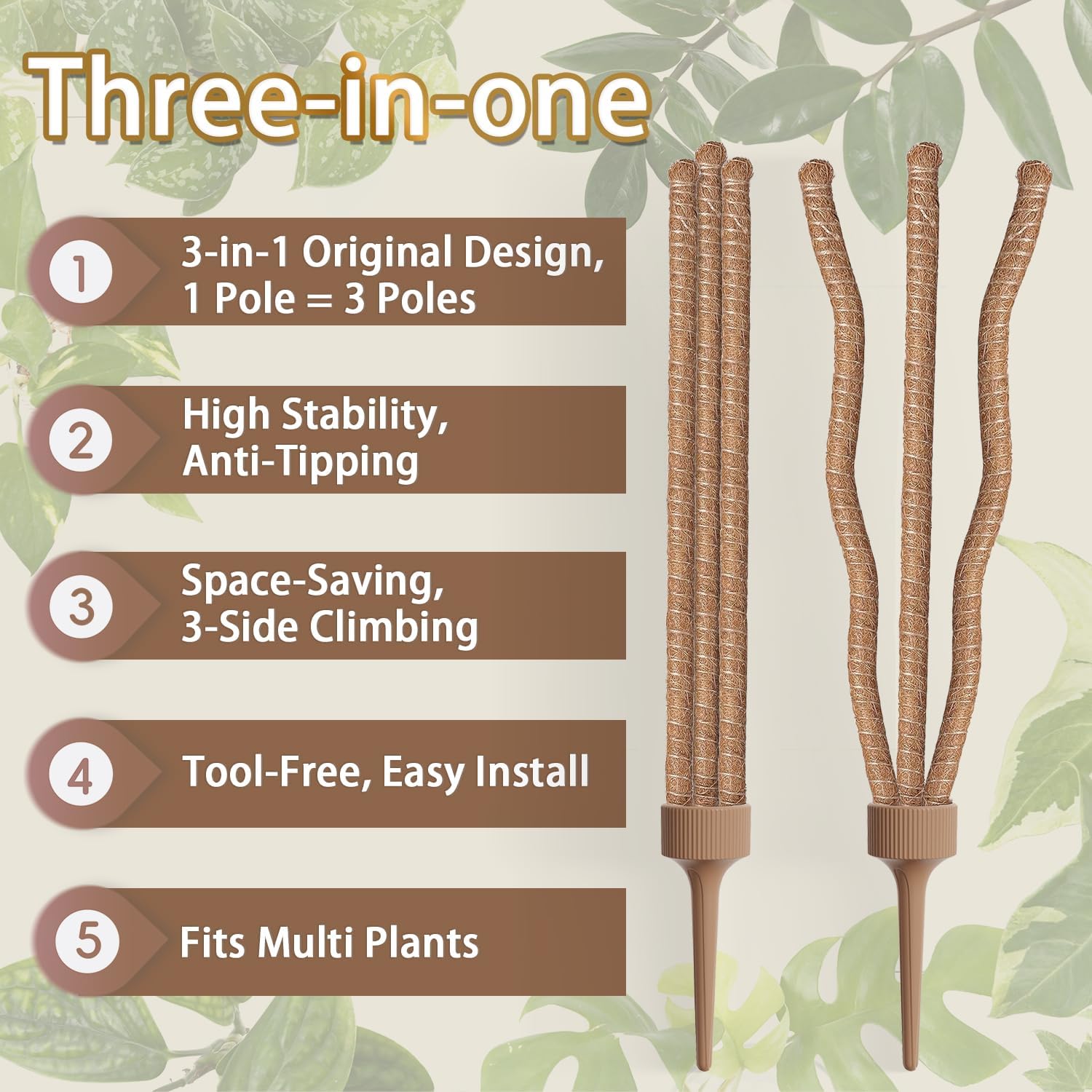 3 Moss Poles in 1, 30IN Tall Bendable Monstera Plant Support-2 Pack | 3 Integrated Coir Pole for Indoor Plants, Moss