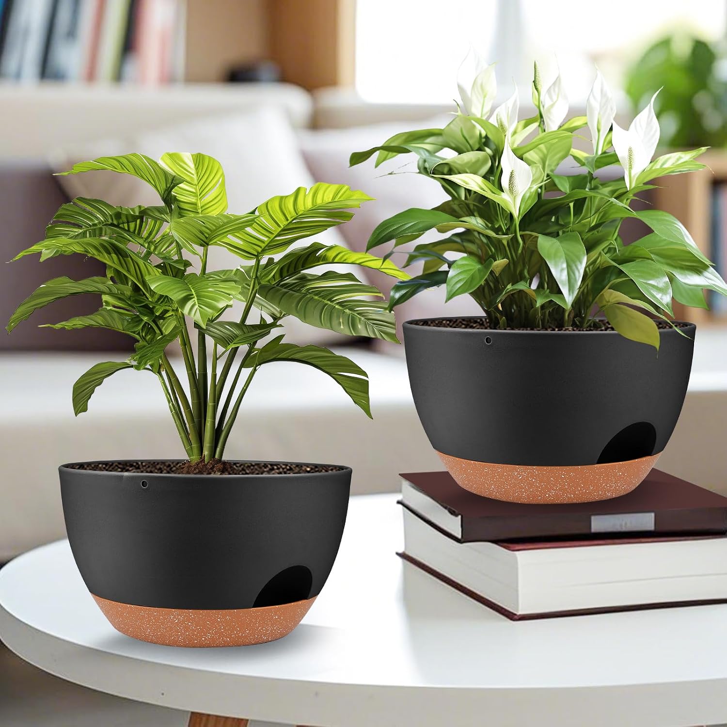 Vanslogreen Plant Pots 12inch Self Watering Pots, Set of 2 Plastic Planters with Drainage Holes and Saucers, Flower