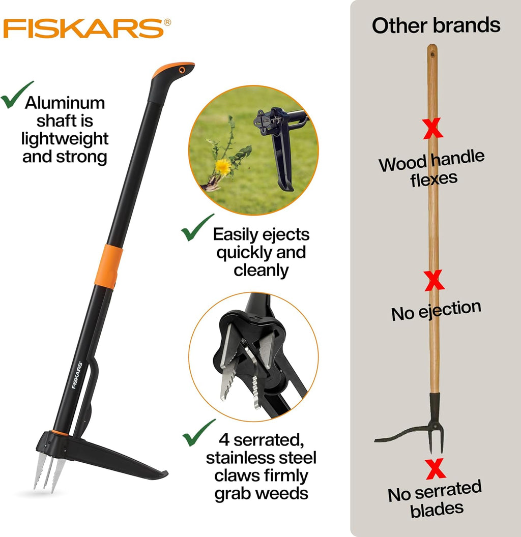 Fiskars Deluxe Stand-Up Weed Puller Tool, 4 Serrated Stainless Steel Claws | Claws Grip Dandelion Roots & More for