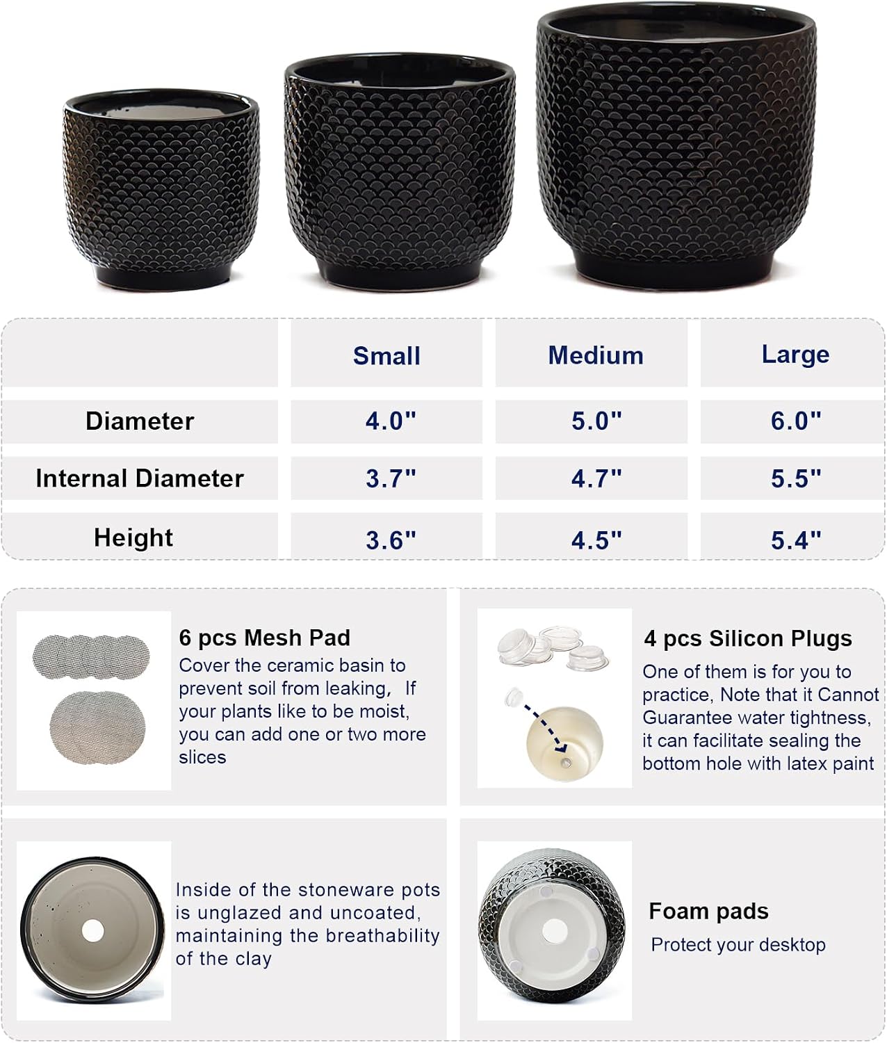4 + 5 + 6 Inch Ceramic Pots for Indoor Plants, Succulents Plant Pots, Orchid Flower Pot with Drainage Hole, Modern Clay