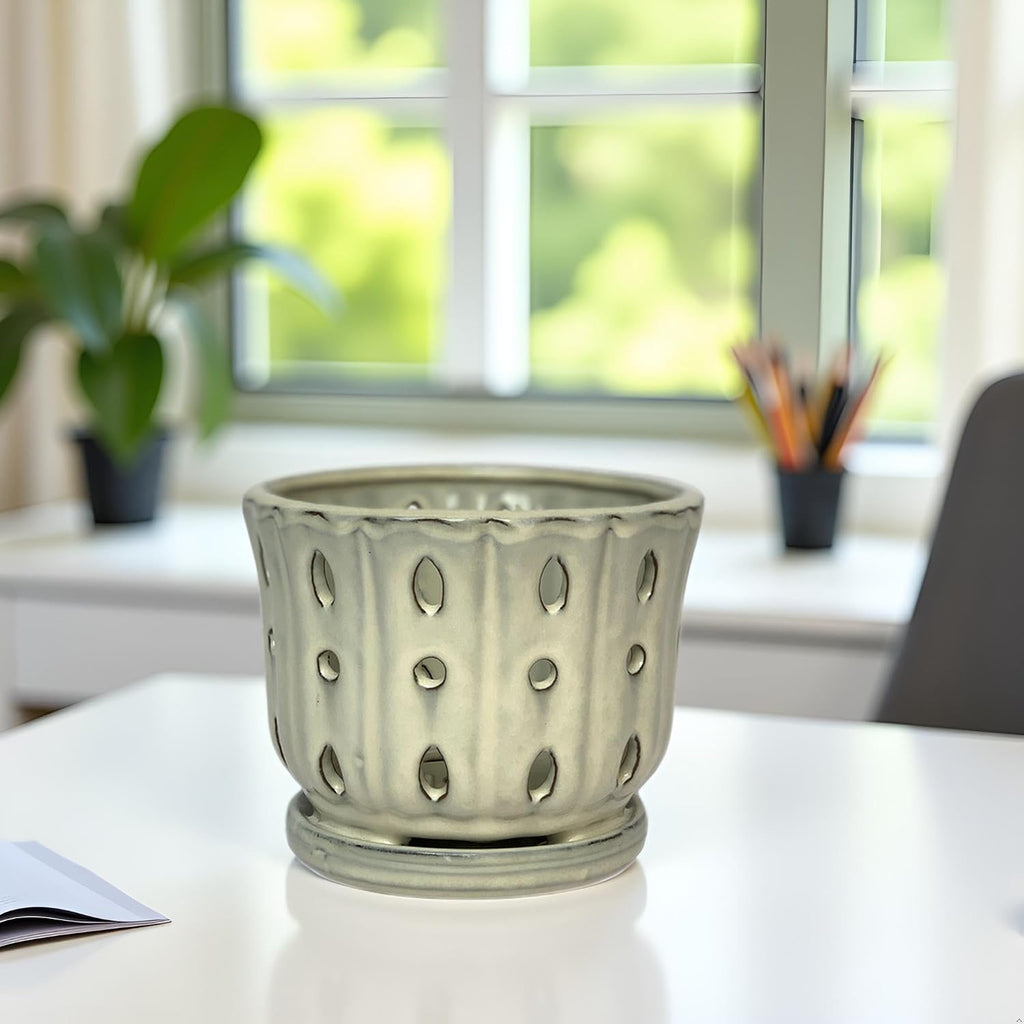 Ceramic Orchid Pot With Attached Saucer and Drainage Hole 6'' (Cream) | Orchid Planter,Orchid Ceramic Pot,Orchid Pots
