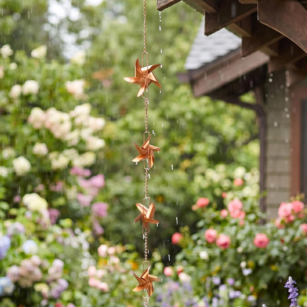 6 FT Rain Chain with 6 Windmill Cups Outdoor Gutter Downspout Decor | Rain Chains for Gutters, Windmill Rain Catcher