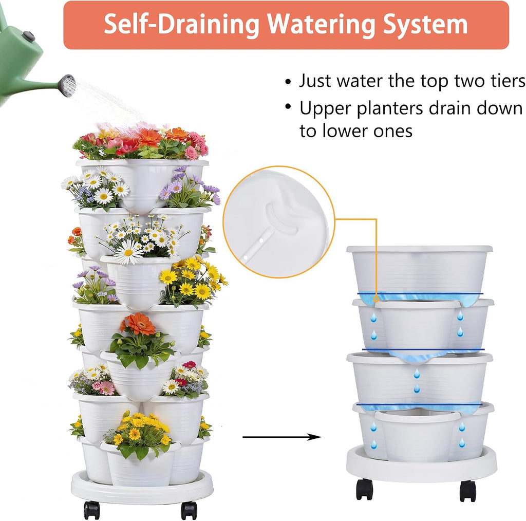 VECELO 7 Tier Vertical Garden Planter, Self Watering Stackable Planters with Wheels for Strawberries, Herbs, Flowers