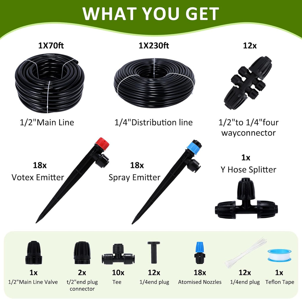 300FT Drip Irrigation System Kit, Automatic Garden Watering Misting System with 70FT1/2 inch Hose 230FT 1/4 inch