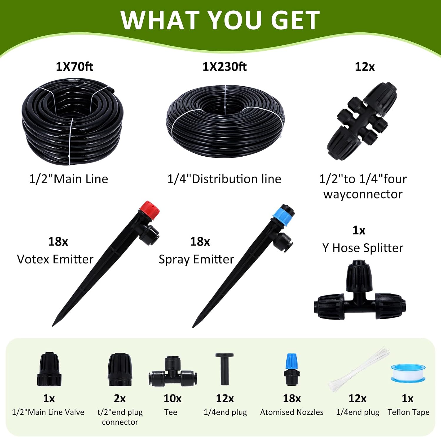 300FT Drip Irrigation System Kit, Automatic Garden Watering Misting System with 70FT1/2 inch Hose 230FT 1/4 inch