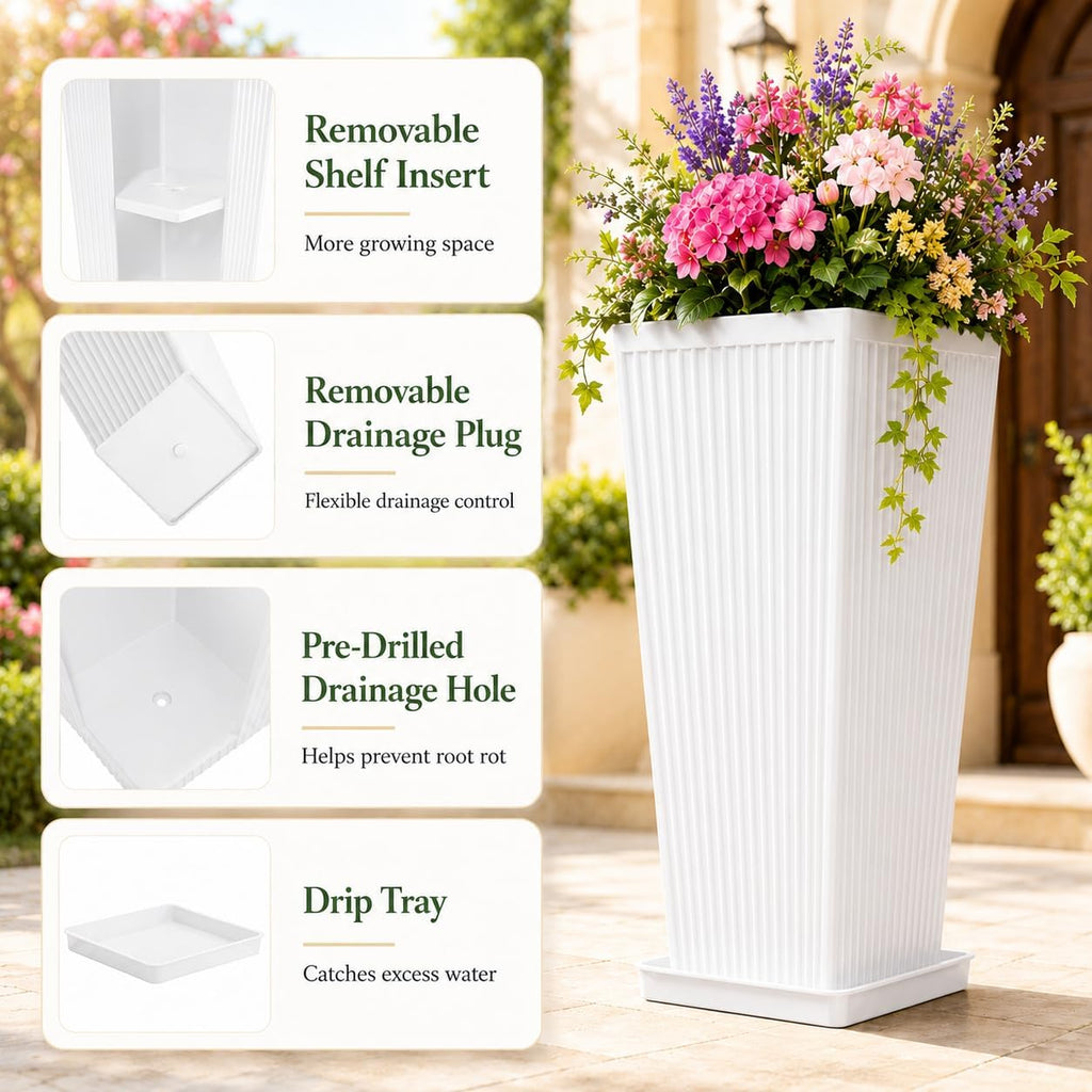 24" Tall Planters for Outdoor Plants Set of 2 Square Fluted,White | Textured Finishes Tapered Modern Large