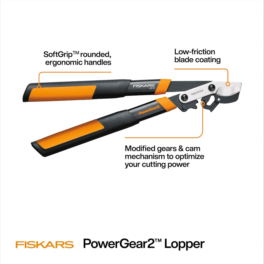 Fiskars 18” PowerGear2 Garden Bypass Loppers, 1.5" Capacity Tree Trimmer | Compact Branch Cutter, Multiplies Power for
