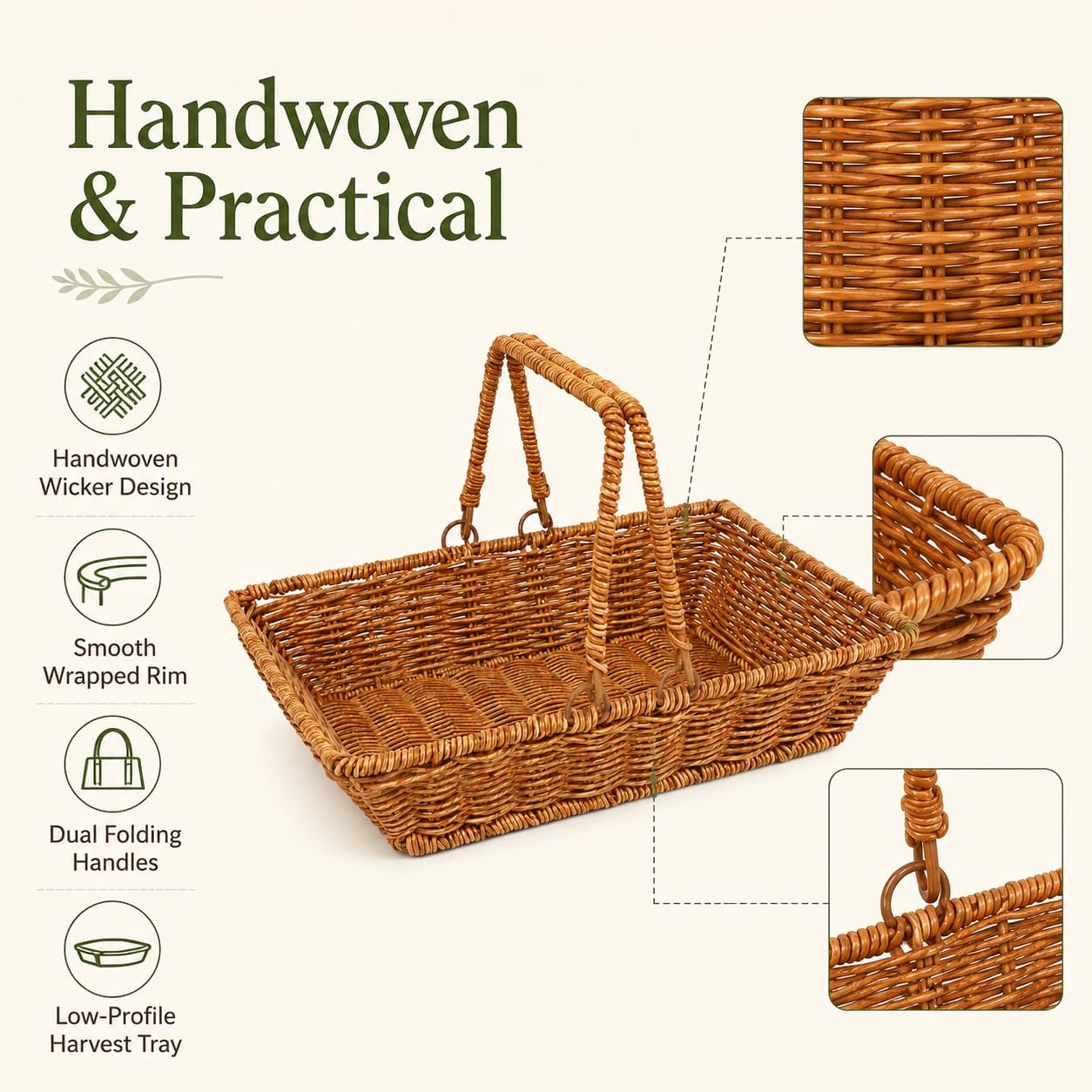 Handwoven Wicker Garden Trug & Harvest Basket with Handles, Garden Flower Baskets for Gathering Vegetables & Gathering