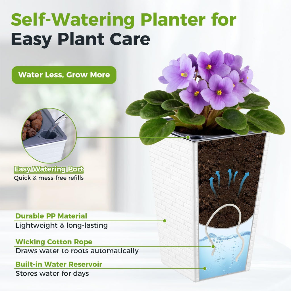 Self Watering Pots for Indoor Plants, 2 Pack Flower Pots Self Watering Planter 10.7" x 6.9" Plastic Pots African Violet