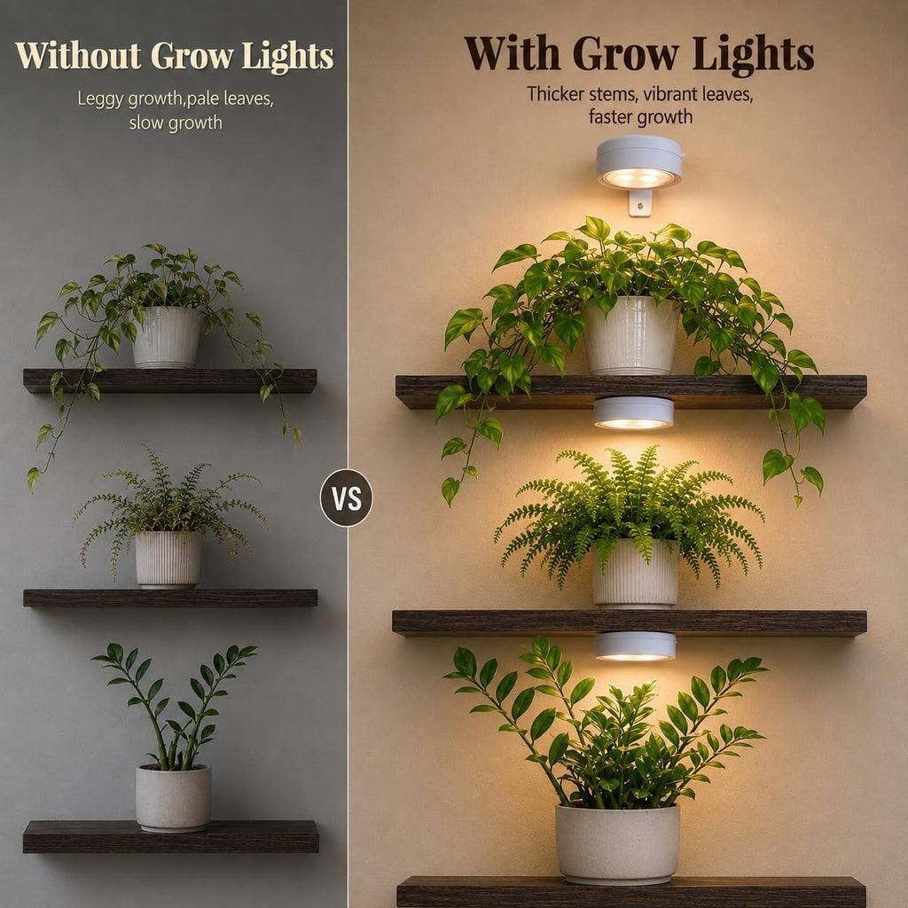Set of 3 Floating Shelves for Wall with 3 Rechargeable Plant Grow Lights | Growing Lights with Remote Timer, Indoor