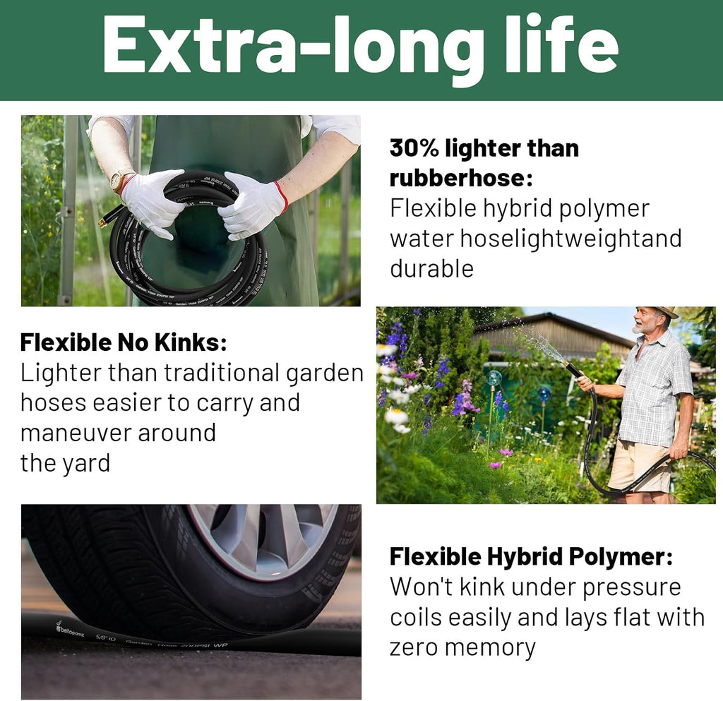 Beitopamz 150 ft Garden Hose, 5/8 in Heavy Duty Water Hose, Flexible and Durable, Lightweight Rubber Hybrid Hose