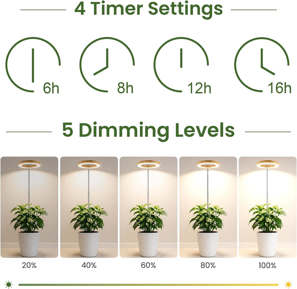 LBW Grow Lights for Indoor Plants, 6.3" Full Spectrum Plant Light with Base | Bamboo Grain, 65" Adjustable for Indoor