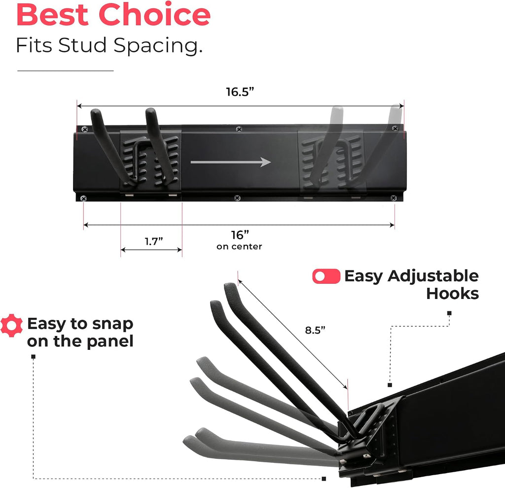 Garage Tool Organizer Wall Mount, 64", 4 Racks 8 Hooks, 400 lbs | 400 lbs, anti-rust carbon steel, garden tool