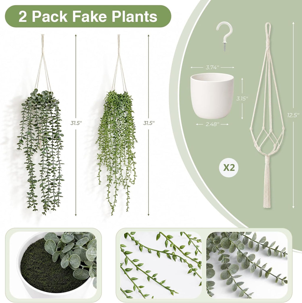 2Pcs Artificial Hanging Plants Macrame Hanger Pots Indoor Wall Home Decor | Faux Trailing Greenery, Fake Eucalyptus &