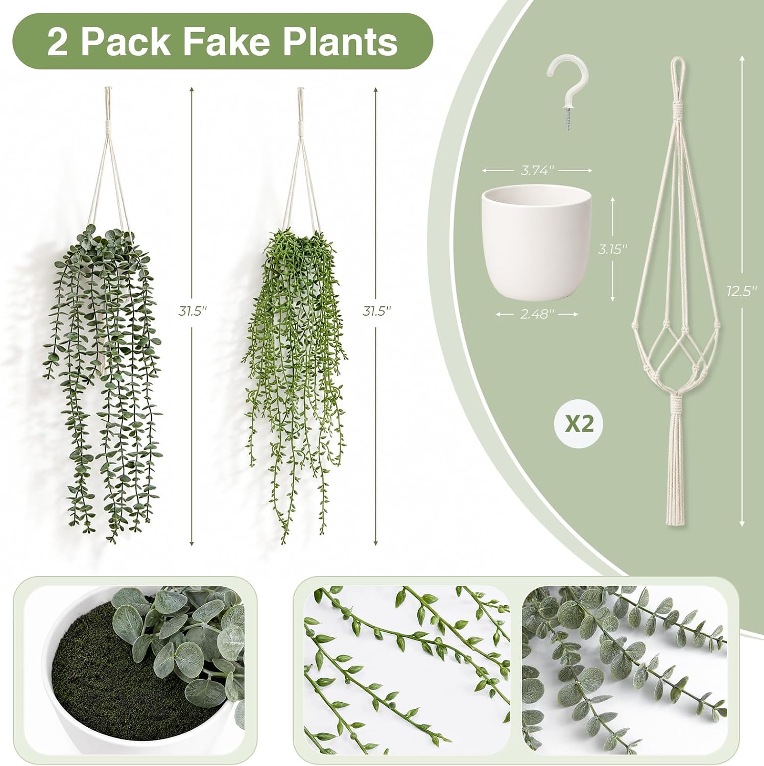 2Pcs Artificial Hanging Plants Macrame Hanger Pots Indoor Wall Home Decor | Faux Trailing Greenery, Fake Eucalyptus &