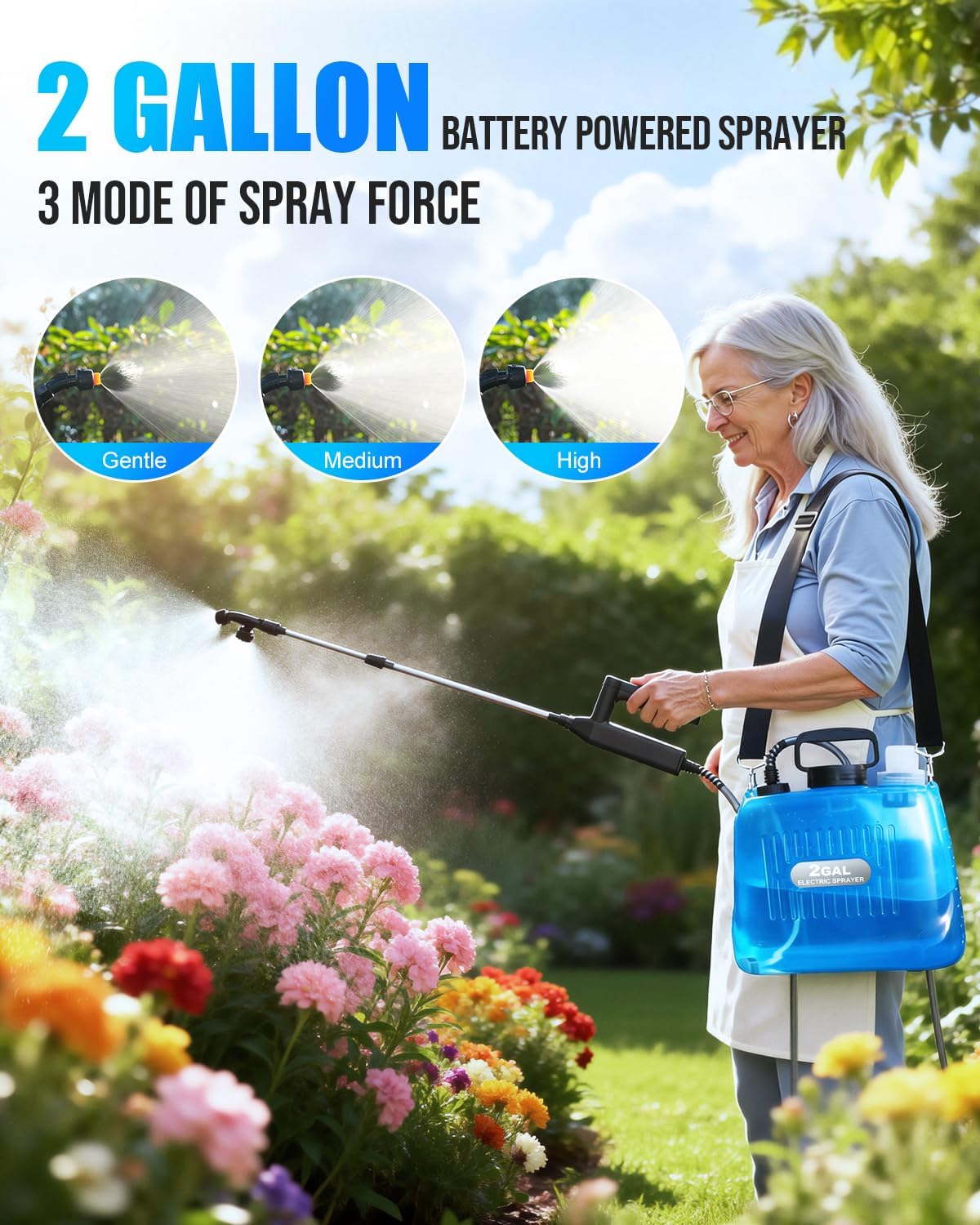 Battery Powered Sprayer 2 Gallon, Electric Weed Sprayer with 3 Adjustable Pressure Levels, 4 Nozzles & Extendable Wand