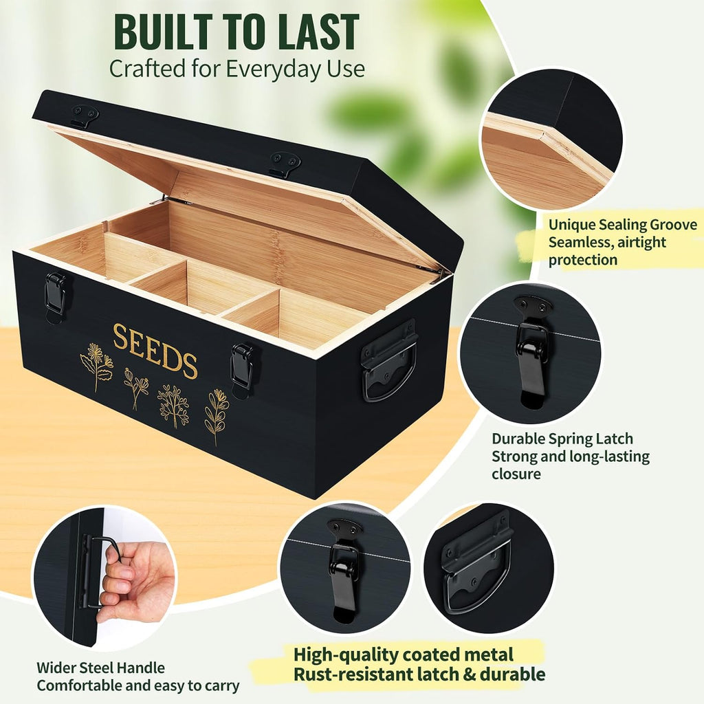 Large Bamboo Wood Seed Storage Organizer Box with Lid, Double-Layer Seal Design Seed Saving Box with Premium Coated